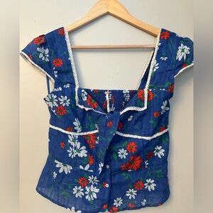 Free People Blue Floral Square-Neck Blouse with Lace Trim Size M Sailor Cropped